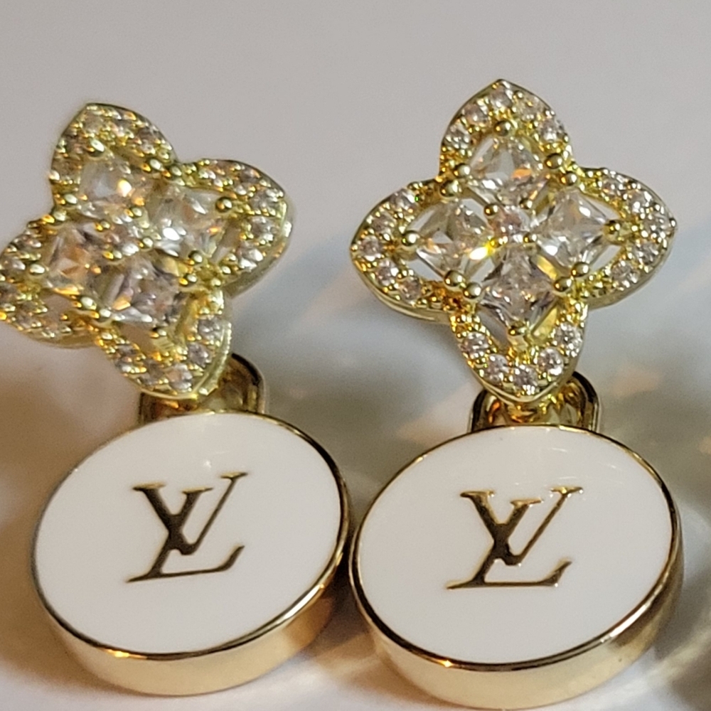 Crystal CZ Blossom Earings, Double Sided LV White Enamel Skittle Zip Pulls